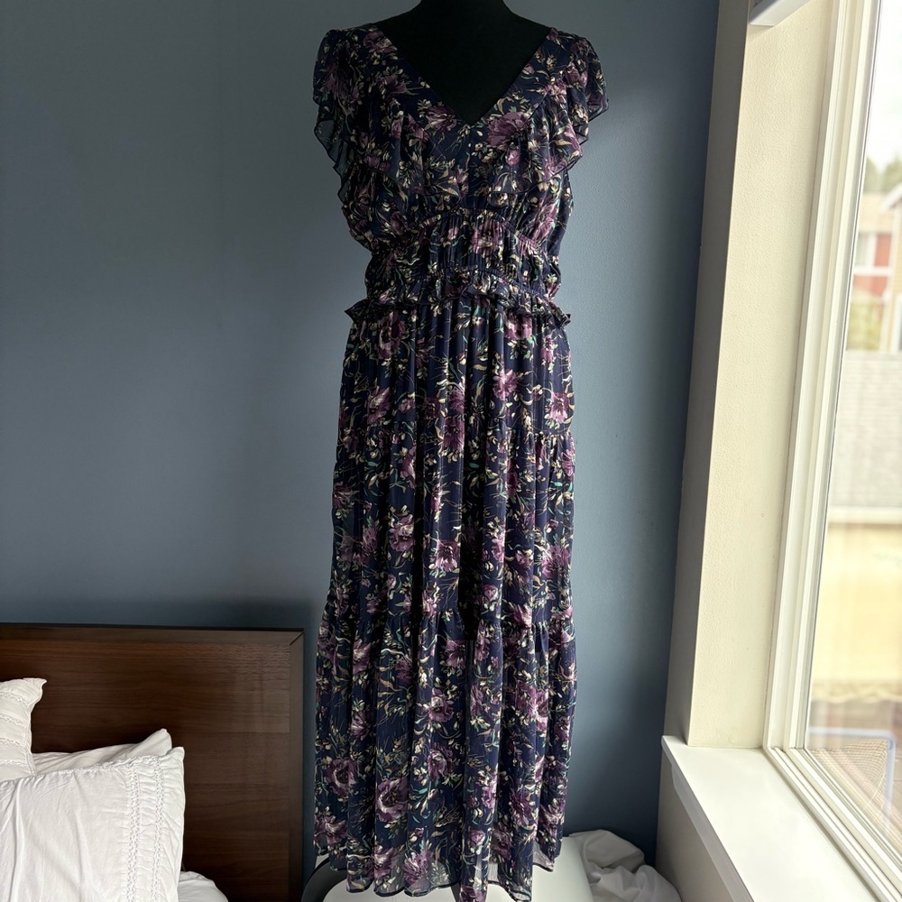 MELLODAY Floral Chiffon Midi Maxi Deep V-neck Flutter Sleeve Dress w Pockets